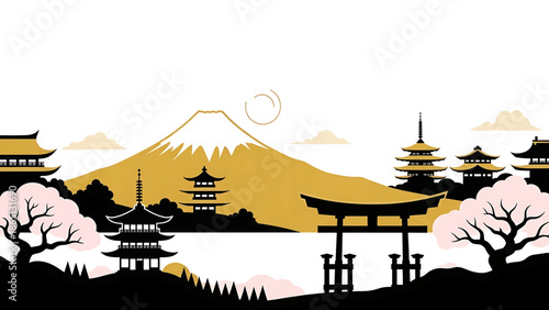Illustration of a golden mountain landscape with pagodas, gate, and cherry blossoms in black and gold on white backdrop