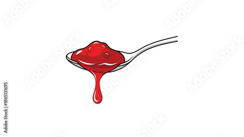 Illustration of a silver spoon holding red, viscous sauce with a single drop. It appears to be dripping, set against a solid white background