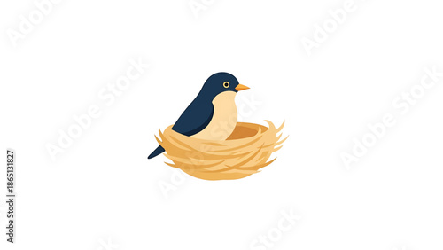 Illustration of a small bird with blue-black plumage sitting in a simple woven nest. The bird has a beige belly and a yellow beak