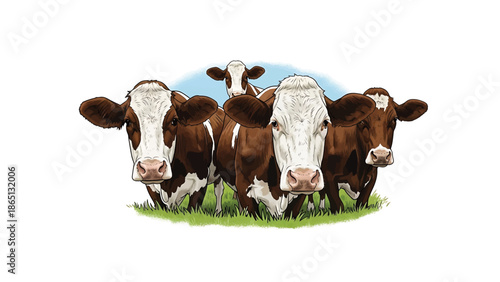 Illustration of a group of bovines, showing a mix of brown and white markings, gathered on green grass with a pale blue sky
