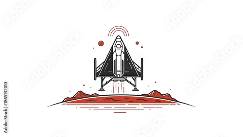 Illustration of a spaceship taking off from a red planet, with mountains and other planets. It has a retro design