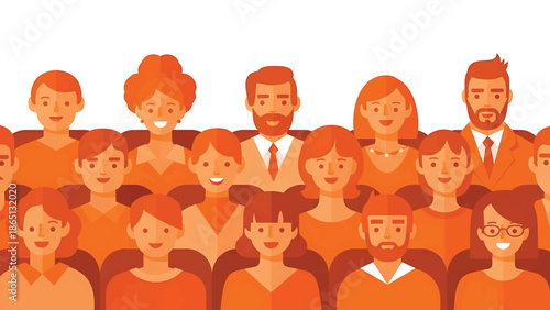 Illustration of a group of diverse people in warm tones, smiling at the viewer, showing inclusivity. They are in rows