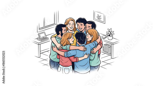 Illustration of a group of diverse individuals embracing in a circle, filled with joy, happiness, and connection. Interior background