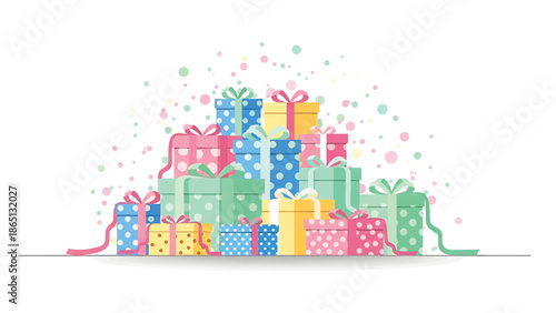 Illustration of a stack of colorful, patterned gift boxes tied with ribbons, topped with confetti. A festive, celebratory image