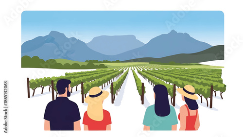 Illustration of a group of friends, observing a lush vineyard stretching towards distant, majestic mountains under a clear blue sky
