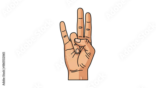 Illustration of a hand gesture. Three fingers are extended upwards, and the thumb and pinky are extended outwards, all against a white backdrop