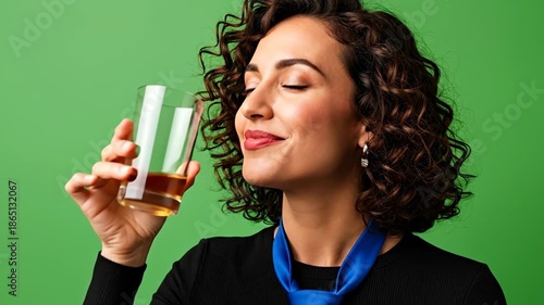 Woman Enjoying a Refreshing Beverage Against a Vibrant Green Background