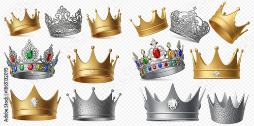 Set of royal crowns, golden and silver, adorned with precious jewels, on a transparent background.