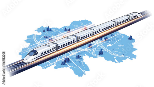 Illustration of a high-speed passenger train moving across a stylized map. Tracks are underneath. Trees and roads are scattered. A sense of speed is evident