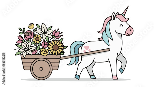 Adorable white unicorn pulling a wooden cart full of colorful flowers