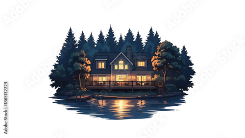 Illustration of a lakeside cabin surrounded by trees and a lake reflecting the lights of the house. Peaceful nighttime scene