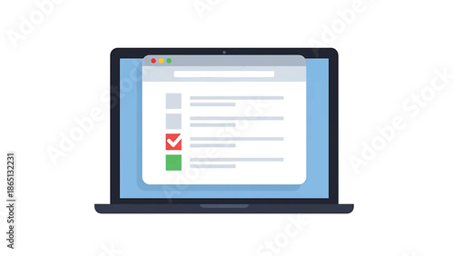 Illustration of a laptop displaying an online checklist with marked items. Includes check marks & a partially completed list. Simplistic, graphic design style