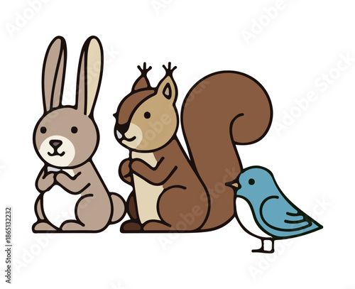 Cute forest friends rabbit squirrel and blue bird together