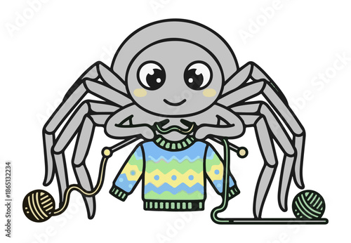 Cute cartoon spider wearing colorful knitted sweater with yarn balls