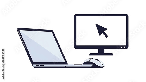 Illustration of a laptop next to a desktop monitor with a pointing arrow on the screen, and a mouse