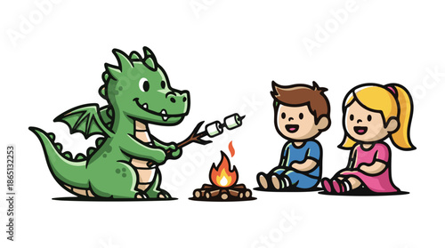Friendly dragon toasting marshmallow with excited children at campsite