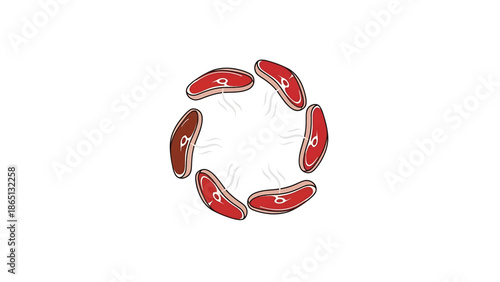 Illustration of several cooked cuts of meat arranged in a circle, emitting steam, set against a white background