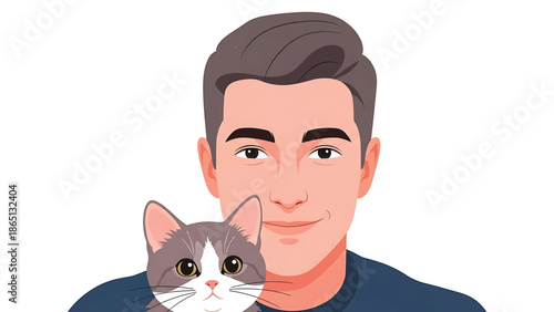 Illustration of a man holding a cat. The man has brown hair and is smiling. The cat is gray and white. It is a digital artwork