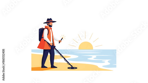 Illustration of a man, equipped with a metal detector, on a sandy beach. A sunny horizon and the ocean set the scene for the activity