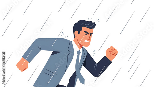 Illustration of a man in a suit running through rain, displaying a look of determination and anger, set against a white backdrop