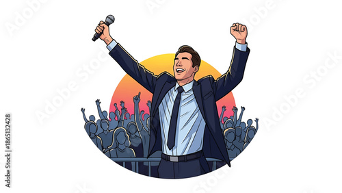 Illustration of a man in a suit, holding a microphone with raised arms, smiling, in front of a crowd with raised hands, against a sunset-colored backdrop