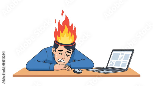 Illustration of a man stressed at his desk, with flames erupting from his head, eyes closed and a mouse and laptop on the desk
