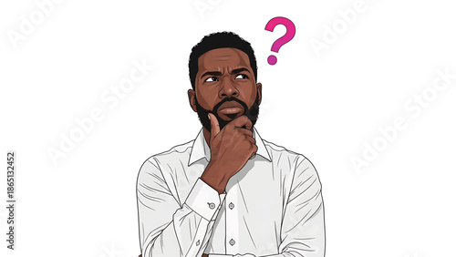 Illustration of a man with dark skin, wearing a white shirt, contemplating with a question mark above his head