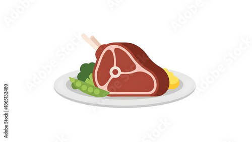 Illustration of a meat dish with sides. A thick cut of meat is on a plate with vegetables. Simple, food-themed image