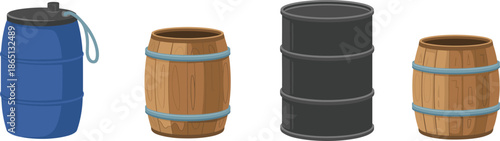 Set of various storage barrels including blue plastic drum, traditional wooden wine barrels, and black metal oil barrel on white background