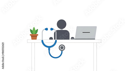 Illustration of a medical office scene. A person is seated at a desk with a laptop and a stethoscope is draped over the desk. A small potted plant sits on the desk as well