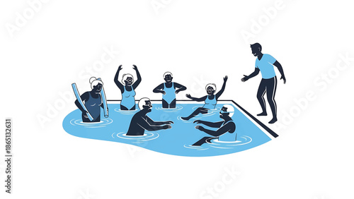 Illustration depicts a group of senior citizens enjoying a water exercise class in a pool, led by an instructor. The style is simple