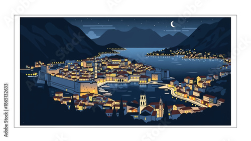 Illustration of a coastal city at night, under a crescent moon. Buildings and structures line the water's edge, creating a warm, inviting atmosphere with lights. Mountains form the background