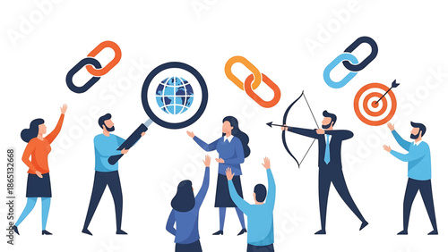 Illustration depicts a group of diverse figures interacting with digital elements like links, a globe, bow and arrow, and a target
