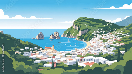 Illustration of a coastal town nestled between hills and the sea. White buildings with orange roofs sprawl below green hills and a blue sea with boats
