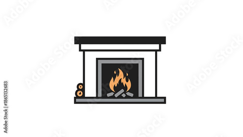 Illustration depicts a fireplace with burning flames, logs, and a mantel. The design is simple, flat, and vector-based. The background is white