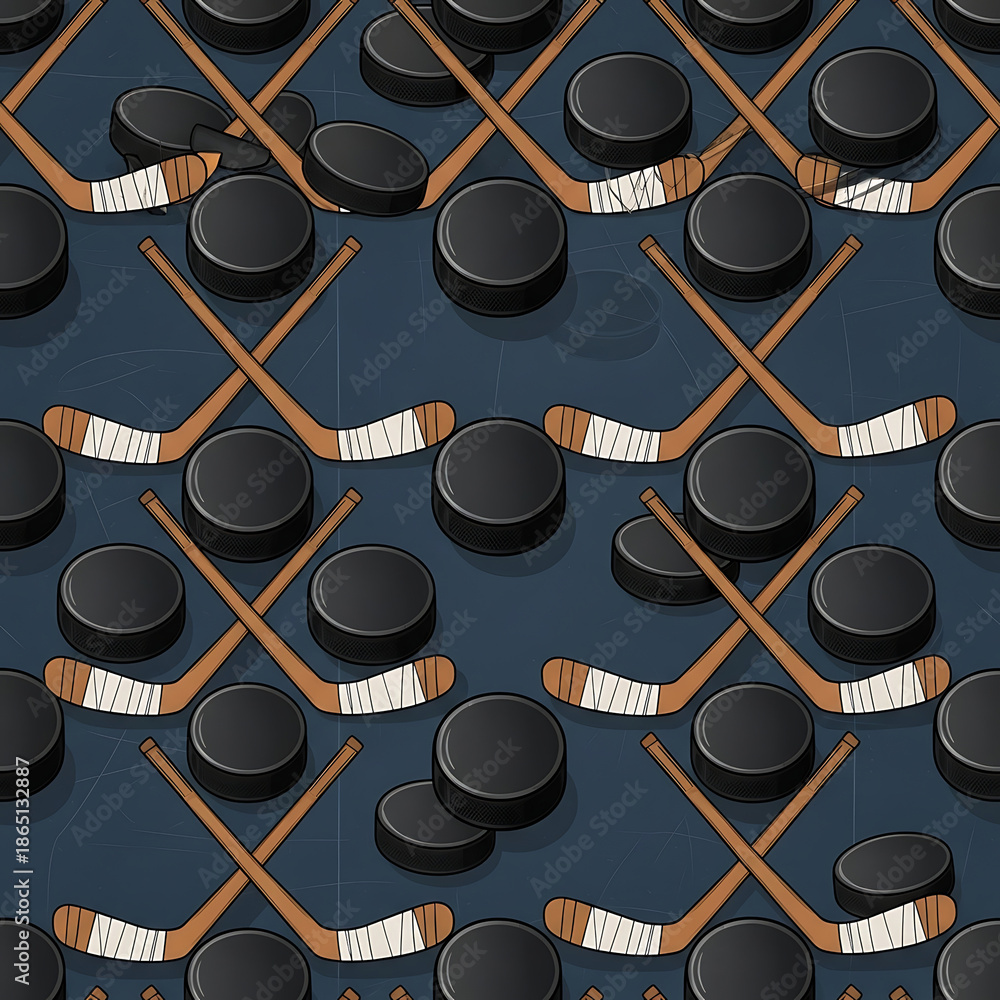 ice hockey sticks and pucks form a seamless pattern on a scratched rink surface ideal for sports branding game day promotions or athletic event backgrounds