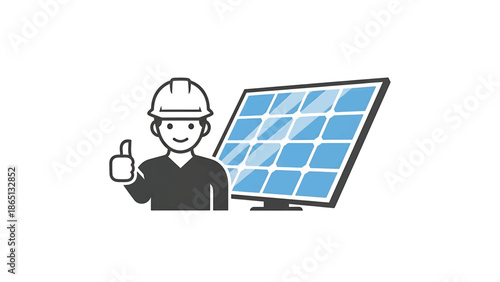 Illustration of a construction worker with a solar panel. The worker wears a hard hat and gives a thumbs-up. The panel is angled
