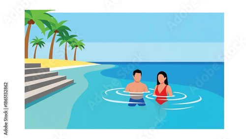 Illustration of a couple enjoying the tropical beach. The scene shows the sea, sandy beach, palm trees, and a couple swimming in the water