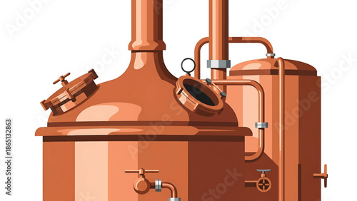 Illustration of a copper brewing apparatus, showcasing tanks, pipes, valves, and a pressure gauge. It gives a sense of a brewery or industrial setting