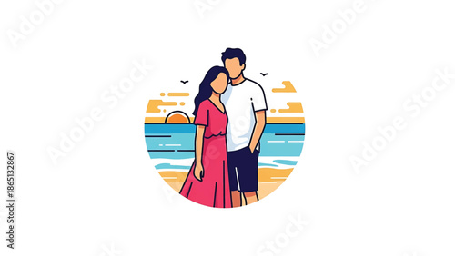 Illustration of a couple embracing on a beach at sunset, depicted in a minimalist, flat-design style within a circle