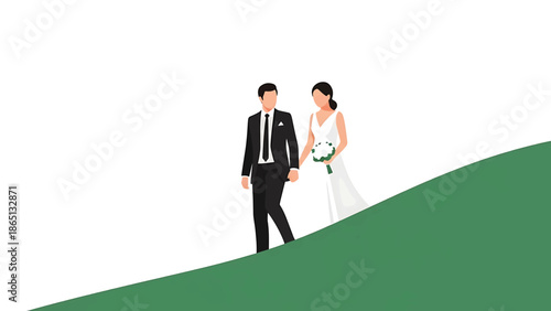 Illustration of a couple, holding hands, walking on a green slope. The woman wears a white dress and holds a bouquet. The man is in a black suit