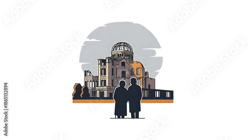 Illustration of a couple standing before a building ruin. A partially destroyed structure stands under a grey sky. The building has a dome