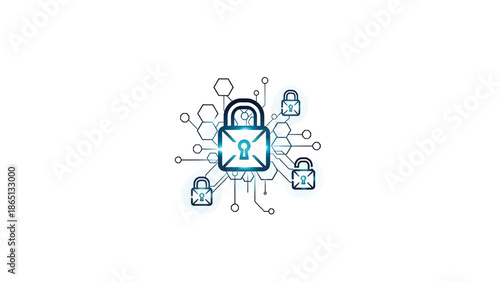Illustration featuring a central lock encircled by smaller locks, connected by lines and geometric shapes. It suggests data security