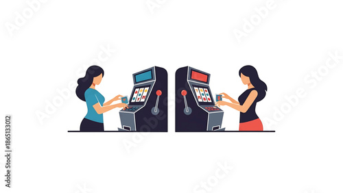 Illustration features two women, each interacting with a slot machine. The machines have colored displays and levers. Each figure is playing with a card