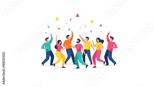 Illustration featuring a diverse group of people celebrating, dancing and raising hands with colorful confetti falling down. A vector image