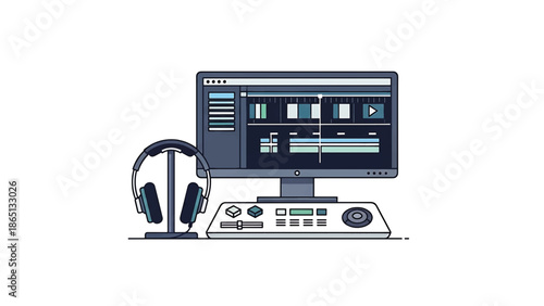 Illustration featuring a computer screen displaying a video editing timeline, headphones, and a mixing console in a clean, minimalist style