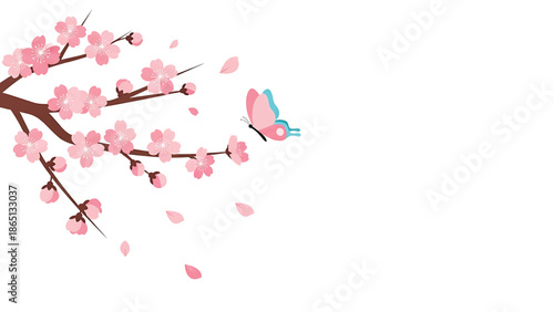 Illustration featuring a flowering branch with pink blooms and a butterfly. Scattered petals float in the air, creating a whimsical scene