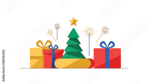Illustration featuring a green Christmas tree with a star, gift boxes, and fireworks against a white backdrop. Vector art