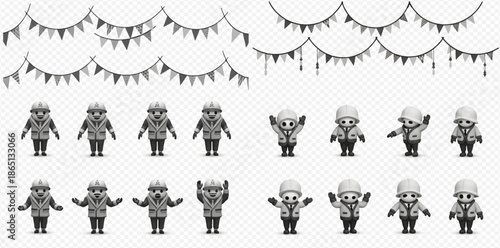 Set of monochrome cartoon characters with different poses and festive flags on transparent background.