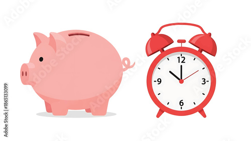 Illustration featuring a pink piggy bank and a red alarm clock on a white background, representing concepts like saving and time management